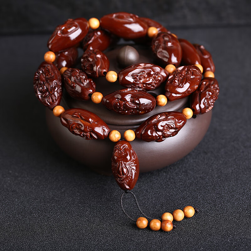 彩陌橄榄核写实单面十八罗汉手串红油核雕机刷包浆橄榄核名家长串文玩