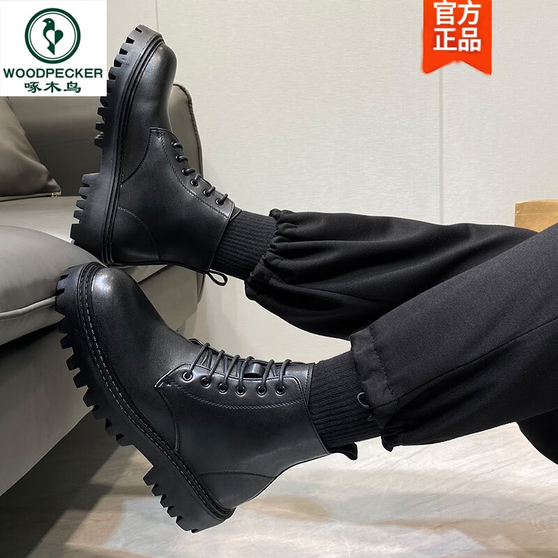 啄木鸟黑色鞋子休闲增高鞋12cm马丁靴男真皮英伦风隐形内增高机车靴 黑色直筒六孔    增高6cm 38