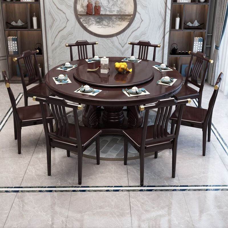 简约典2026新款实木餐桌椅组合新中式带转盘餐桌家用轻奢圆桌电磁炉饭桌 紫檀色 1.3m  一桌6椅[送转盘]