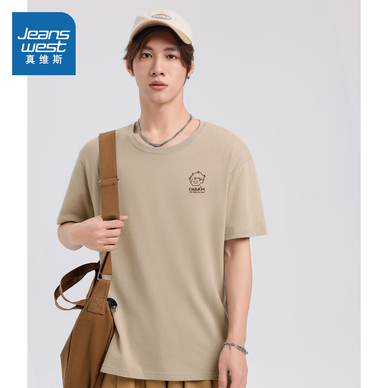 真维斯（Jeanswest）男装夏季新款 潮牌时尚字母涂鸦图案薄款纯棉短袖T恤KCP E款卡其色2970 L [多种颜色可选]