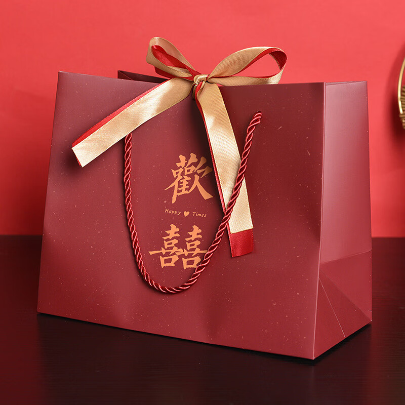 贊玥 3個(gè)裝紅色禮品袋 新年手提袋 婚慶伴手禮袋  喜糖袋包裝袋 歡喜款 大號(hào)約36*25*12cm（3個(gè)）