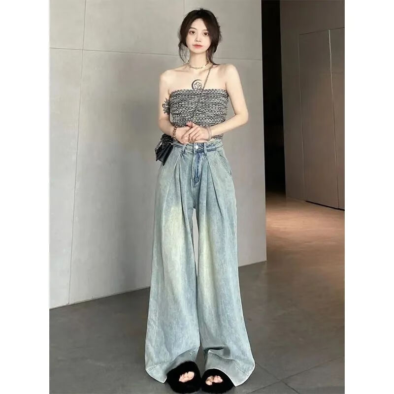 蓝阮大裤脚牛仔裤男阔腿大脚复古阔腿牛仔裤女夏季梨形身材穿搭宽松遮