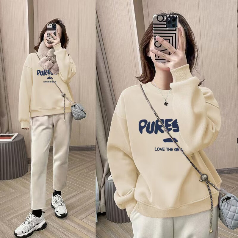 森马（Semir）美式圆领华棉卫衣女百搭秋冬宽松慵懒套头显瘦加绒加厚打底上衣冬 浅米 字母- XL  130-155斤