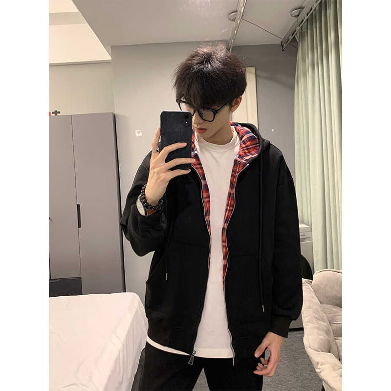 杜小闲拼接格子连帽开衫卫衣男款春秋季假两件美式潮牌重磅硬挺拉链外套 黑色 XL [推荐120-140斤]