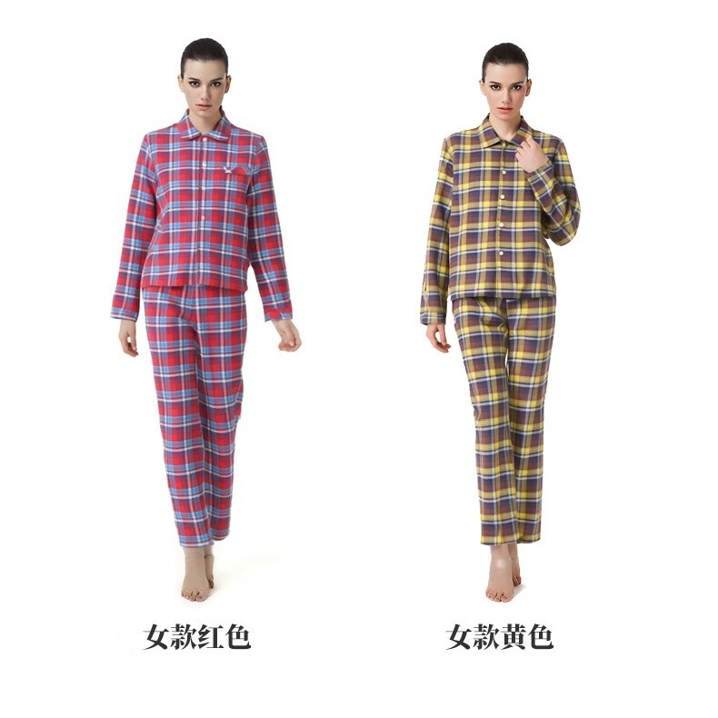 棉风尚情侣睡衣纯棉格子家居服套装男士睡衣春秋款纯棉长袖格子可外穿大 女款家居服 红色 160