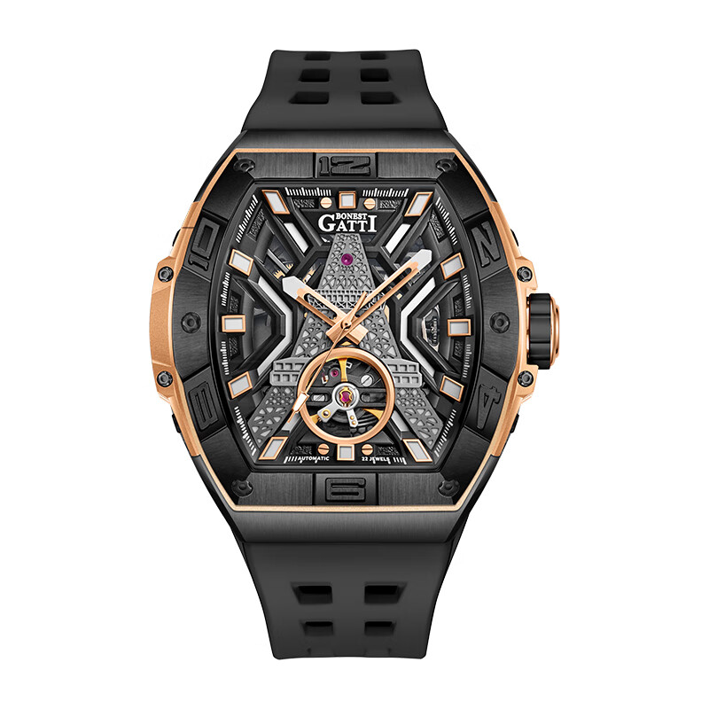 布加迪（BONEST GATTI）德国手表男士全自动机械名表夜光镂空腕表情人节新年礼物送男友 BG5001-R3 黑壳黑面黑胶带