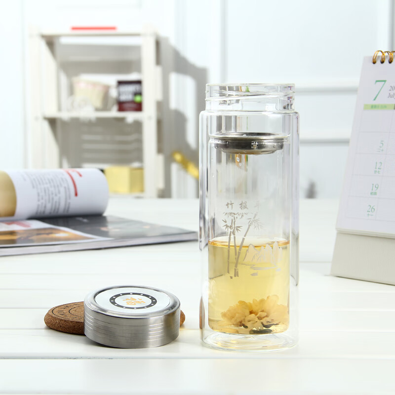 渊之源双层玻璃杯男女士便携密封水杯子过滤网耐热茶杯透明真空泡茶喝水 300ml中号-直径66mm*高180mm