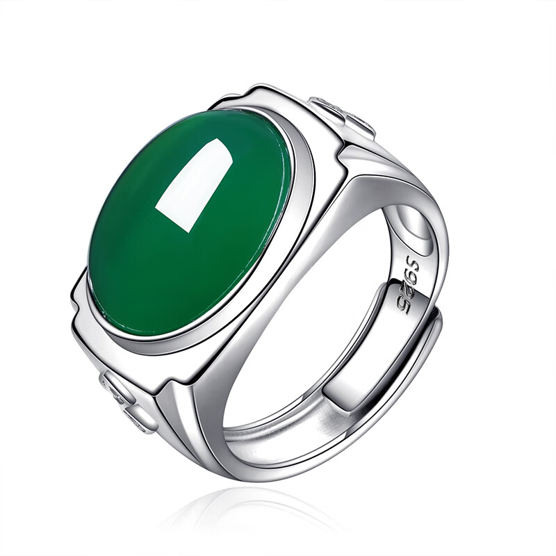 森爱百年  天然绿玉髓感男士款戒指环 开口玛瑙绿宝石翡翠色s925镶嵌