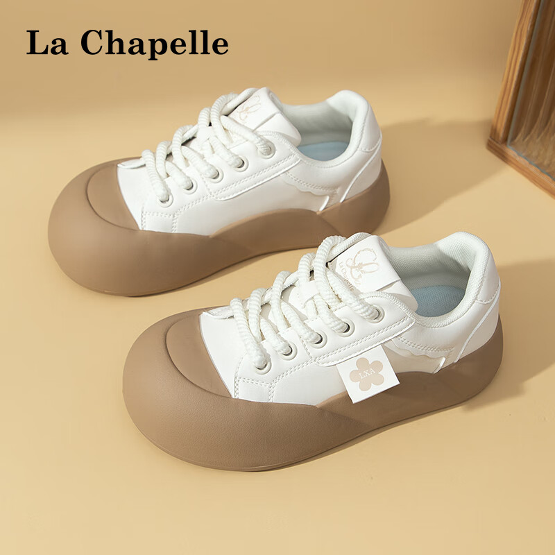 拉夏贝尔女鞋新款设计软萌大头鞋休闲舒适板鞋女四季可穿休闲女鞋 卡其 ZJLXA-018 35