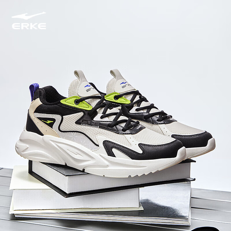 鸿星尔克休闲男鞋秋季舒适休闲鞋轻便复古老爹鞋防滑运动鞋子男川流 正黑/微晶白 44