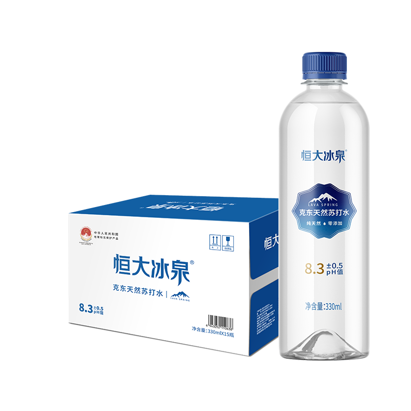 恒大冰泉克東天然蘇打水330ml*15瓶 弱堿性高端家庭飲用水
