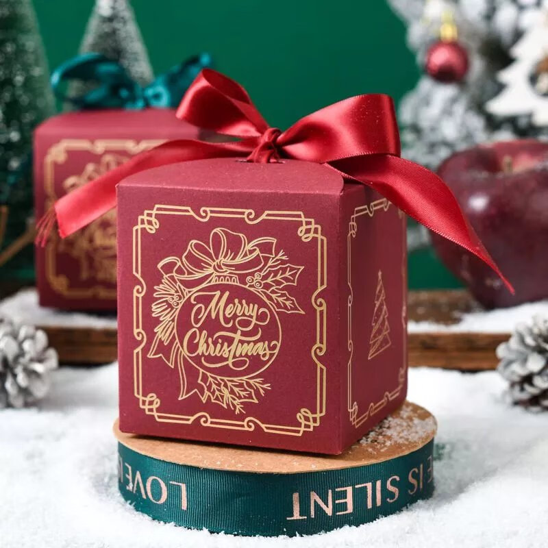 【精选直发】圣诞节礼物圣诞盒平安果平安夜烫金礼物包装盒 红色烫金款式+红色丝带 2个(体验装)可备注颜色