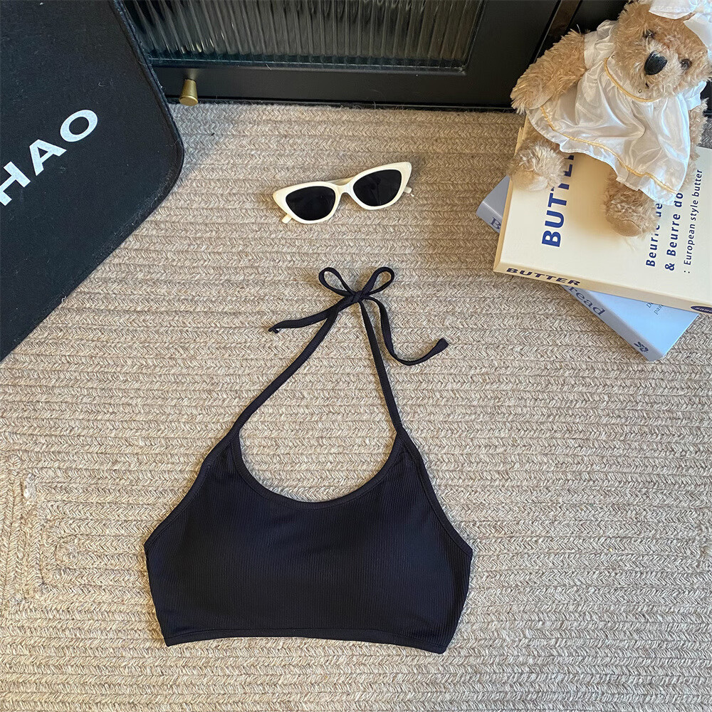 纯色性感绑带挂脖美背自带胸垫透气百搭辣妹裹胸抹胸外穿 黑色（一件装） 均码（适合80-125斤