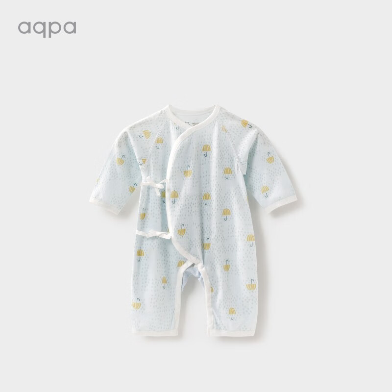 aqpa夏季新生儿新品纯棉连体衣婴儿绑带哈衣男女宝宝薄长袖和尚服 浅蓝色 52cm