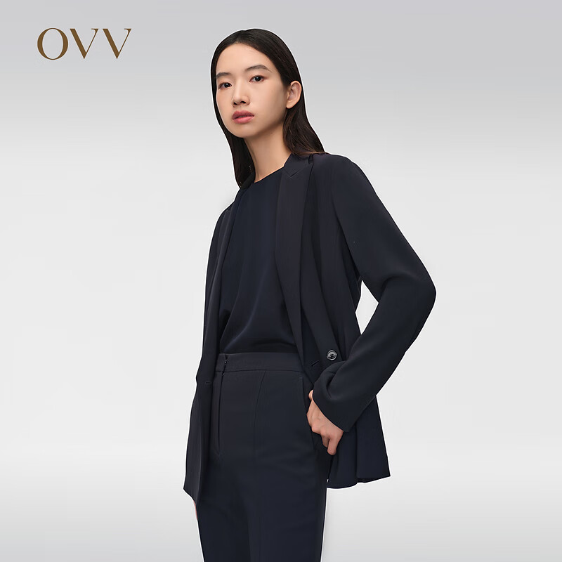 OVV2024春夏新款女装经典三醋酸简约时尚一粒扣休闲通勤西服 藏青（净色）06 S