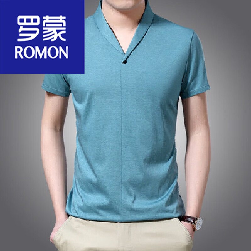 羅蒙（ROMON）男裝 夏季冰絲V領(lǐng)短袖T恤男士休閑絲光棉體恤打底polo網(wǎng)球衫半袖 8798短袖-綠色 170/L建議115-130斤