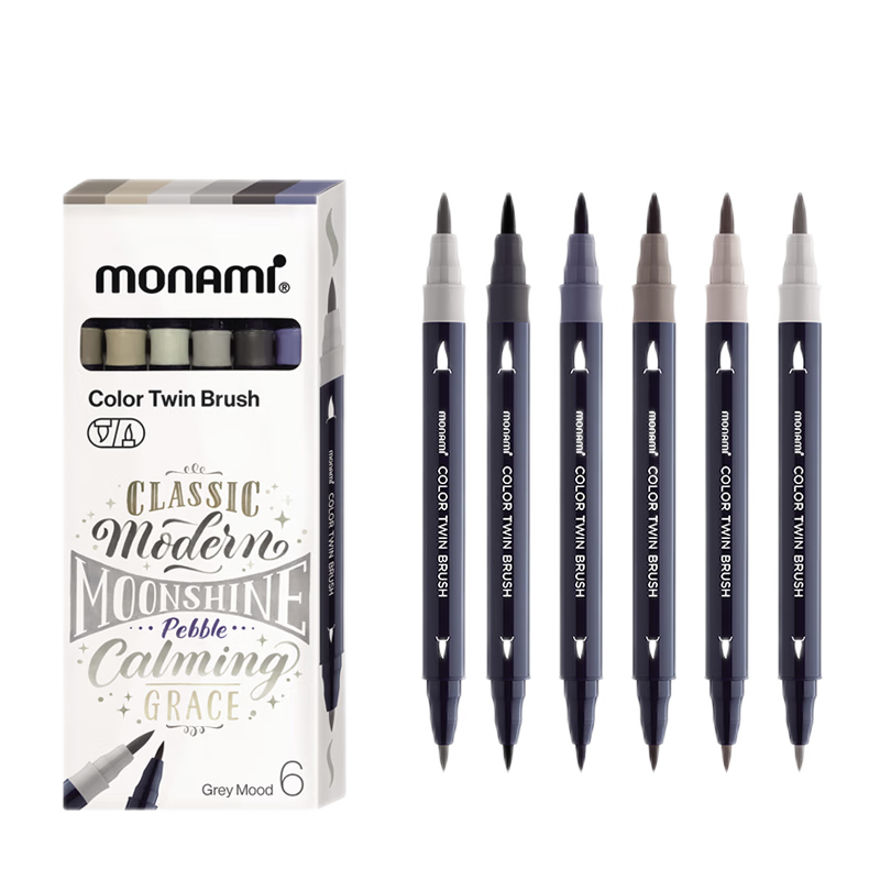慕那美（monami）彩色秀丽笔软头弹性手帐软毛笔brush英文花体彩绘笔 莫兰迪6色套装04038Z06-GM