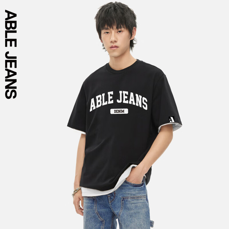 ABLE JEANS男短袖男t恤秋季新款印花LOGO短袖男t恤夏季881253 黑色 XS