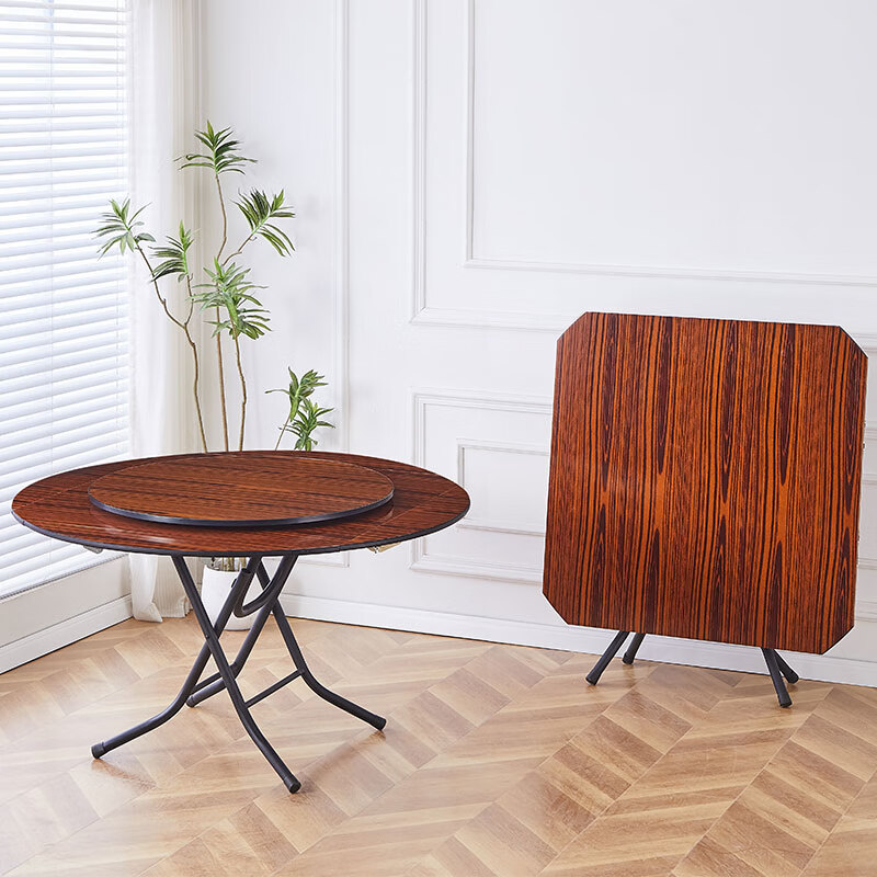 非洲鷹(feizhouying)折疊方圓桌子簡(jiǎn)易折疊餐桌麻將桌折疊飯桌大圓桌家用折疊桌 棕色1.48米黑腿+棕色轉盤(pán)