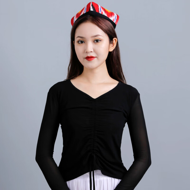 服网纱上衣拉丁舞练习女修身黑色红色夏季打底衫舞服 黑色 m胸围84cm