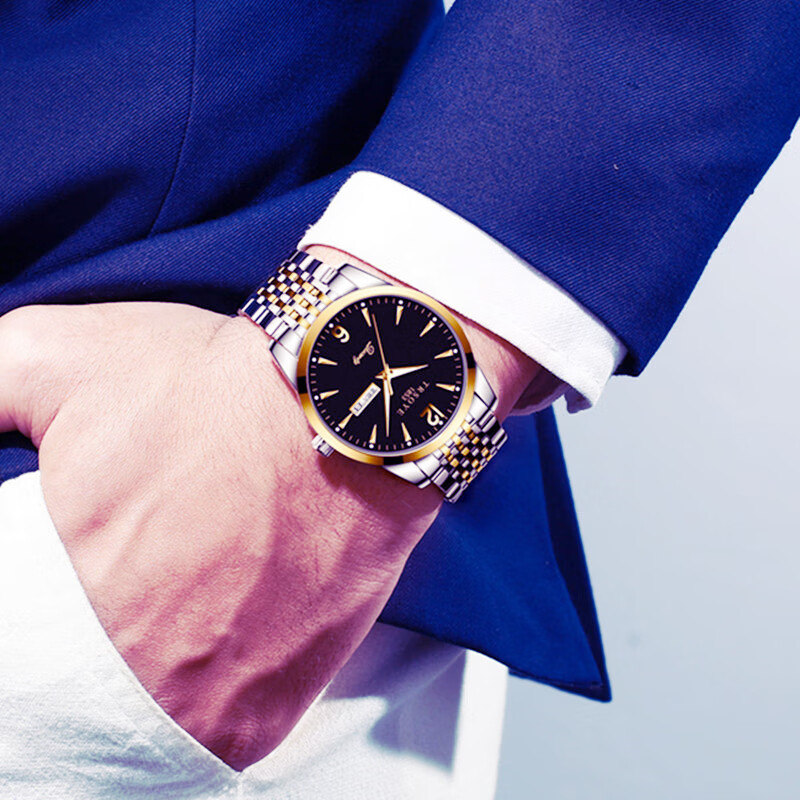 CLNAI时尚潮流男表防水夜光双日历星期钢带大气男士手表男款考试腕表 间金白面【日期+星期+夜光】 39mm