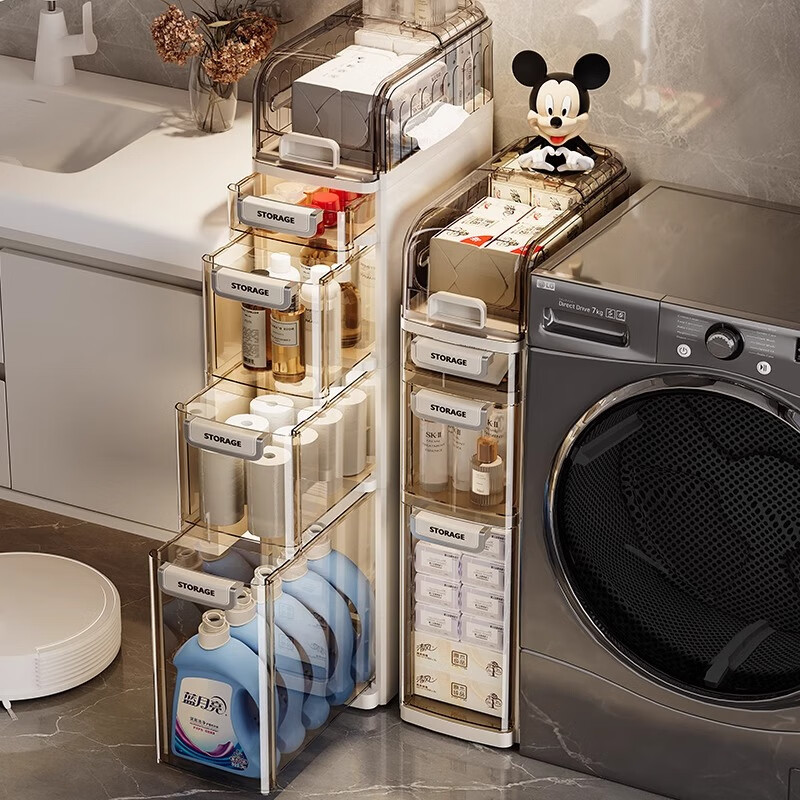 泉狮卫生间置物架浴室落地夹缝收纳柜厕所马桶侧边柜防水窄缝储物柜 【店长推荐】加厚4层夹缝柜