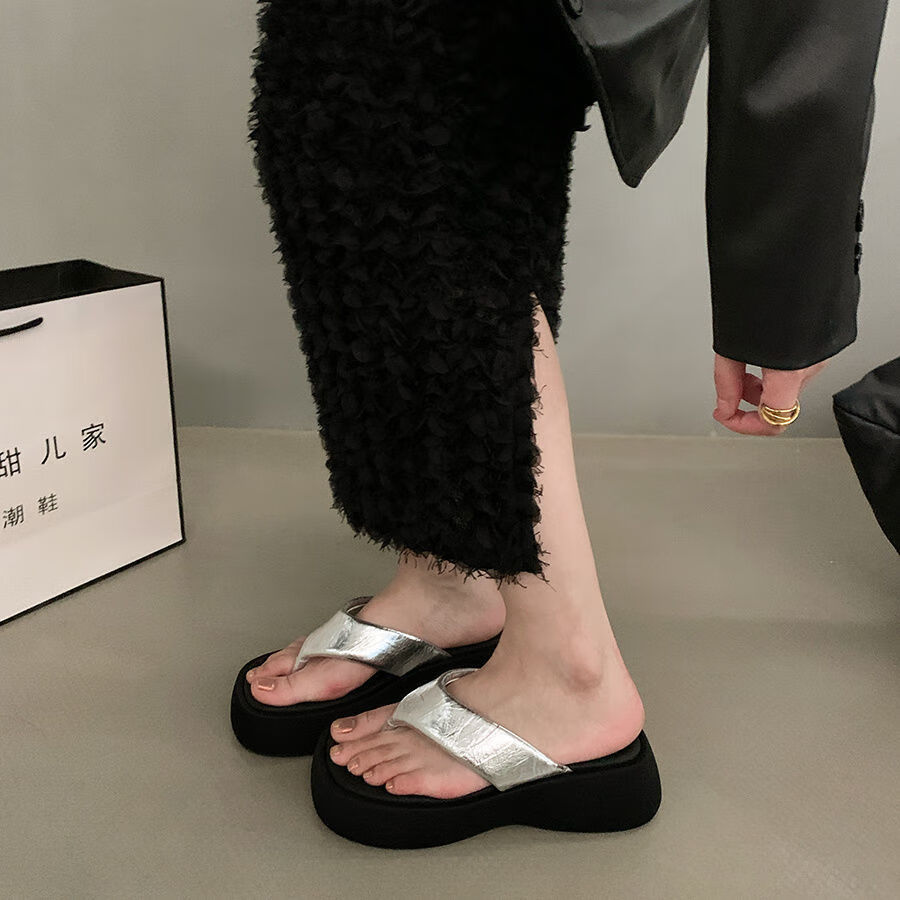 宁墅厚底人字拖女2024年夏季新款外穿小个子增高银色夹脚人字拖鞋女20