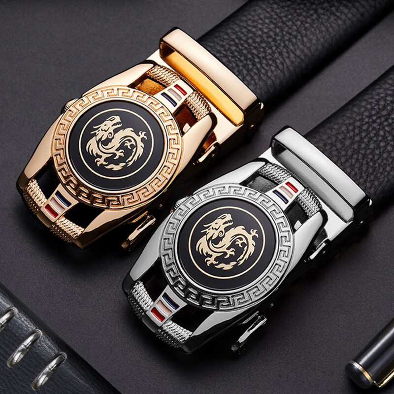 CHALKIN男士皮带真皮自动扣头层牛皮龙头图案腰带中青年裤腰带送老公礼物 银色龙图腾 125cm 体重160-175/裤码37-39