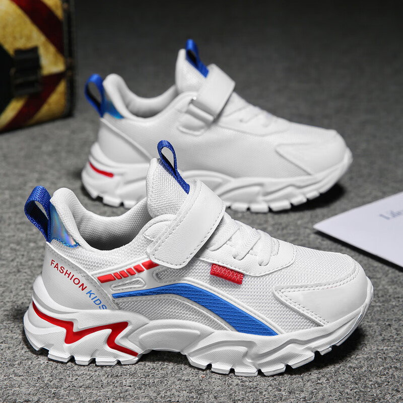 贝天熊春秋中大童鞋男童双网透气运动鞋女童网鞋小白鞋789岁小男孩皮面 BJL308白蓝【双网】 28 内长17.8/脚16.8