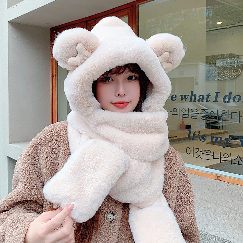 骑车女韩版可爱百搭连帽一体保暖围脖 白 米琪加厚款 均码53-59cm头围