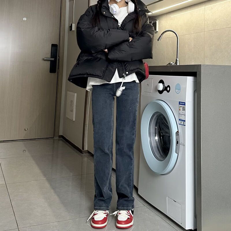 金彩潼星小个子宽松高腰直筒九分牛仔裤女加绒2024年新款秋冬显瘦窄版