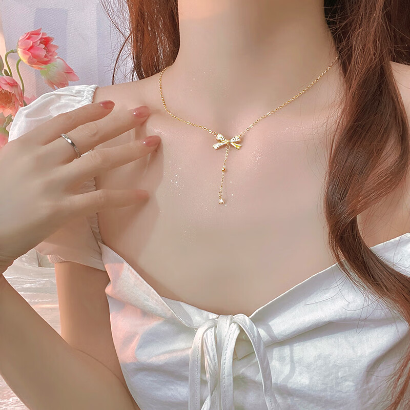 筱惠925锆石蝴蝶结项链女生轻奢高级感锁骨链女冷淡风简约精致 锆石