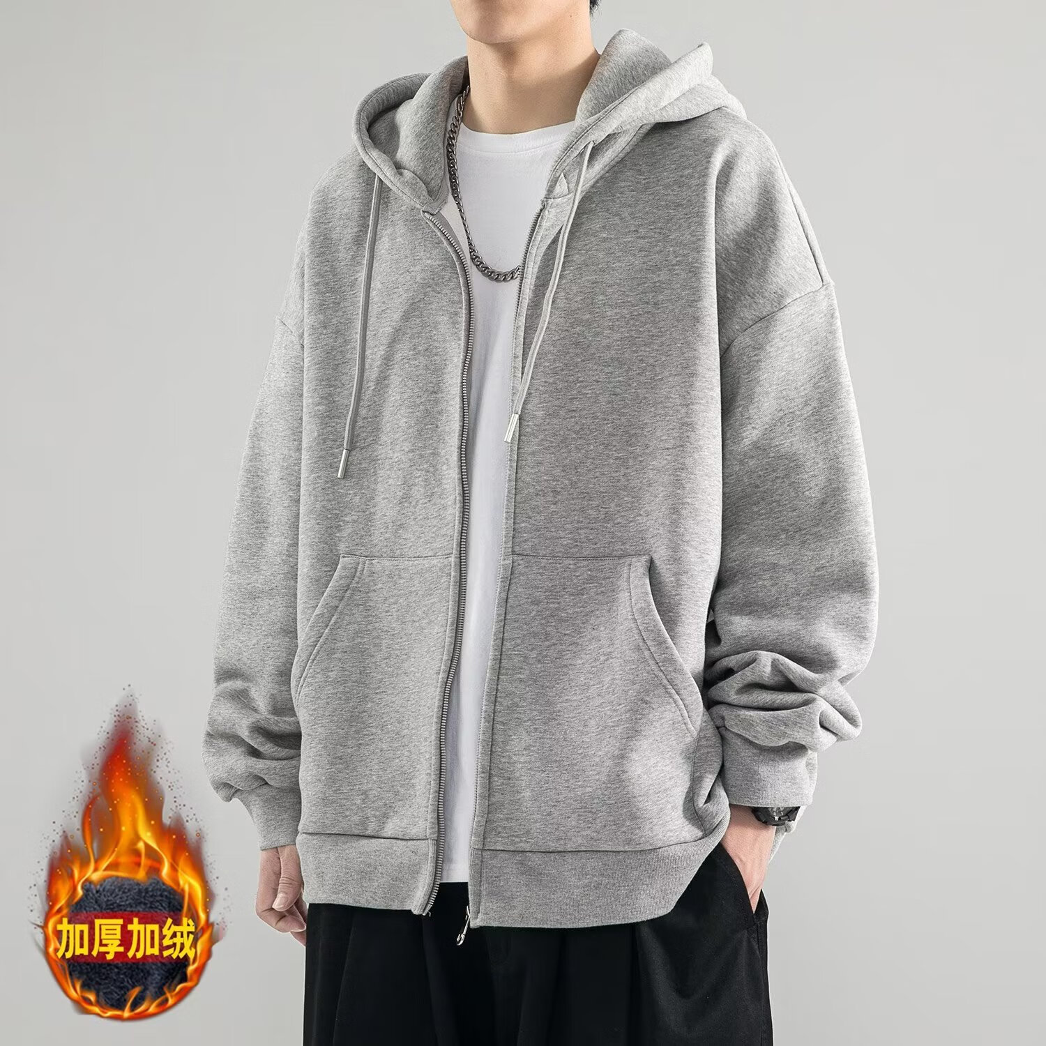 棉致连帽卫衣男秋冬季新款宽松百搭开衫外套男士重磅潮流加绒上衣 W100浅灰色【高品质】32 加绒 L 100-120斤