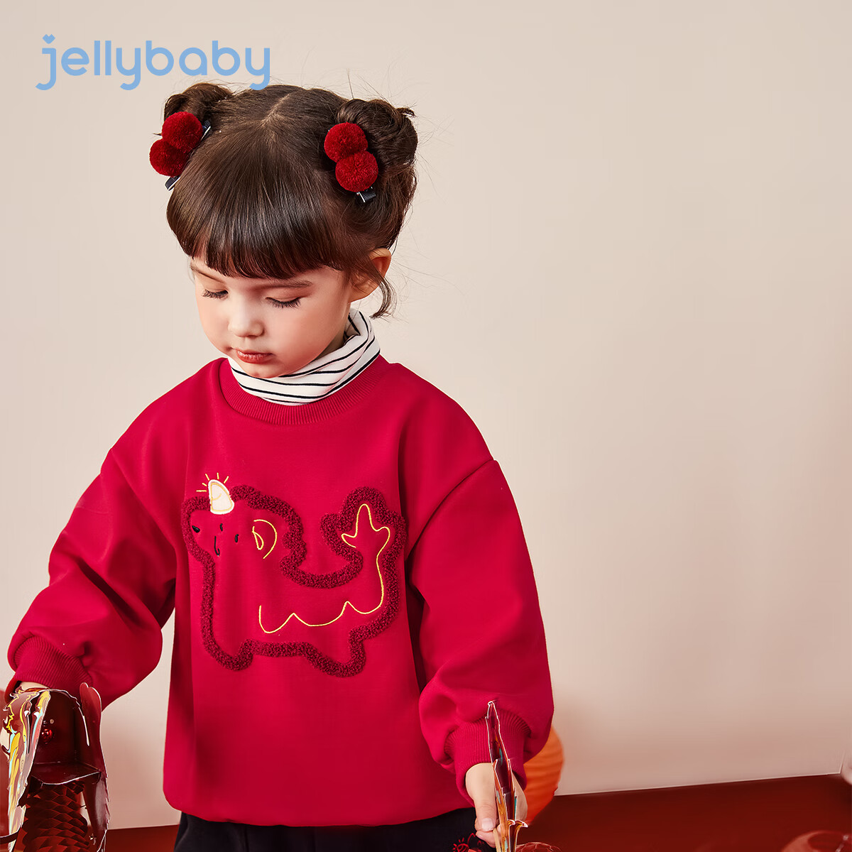 JELLYBABY男童加绒卫衣套装宝宝红色新年装小童女童秋冬两件套国潮儿童衣服 红色 110 CM