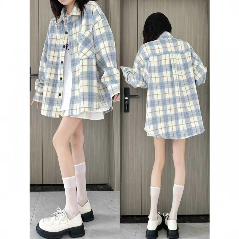 雷黛茜春秋新款韩系磨毛格子衬衫女叠穿宽松遮肉慵懒风中长款衬衣外套潮 【215#蓝】100%优质 XXS