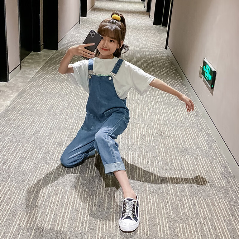 女童单件牛仔背带裤长裤单裤春秋季新款大童女孩吊带裤 蓝色 120cm