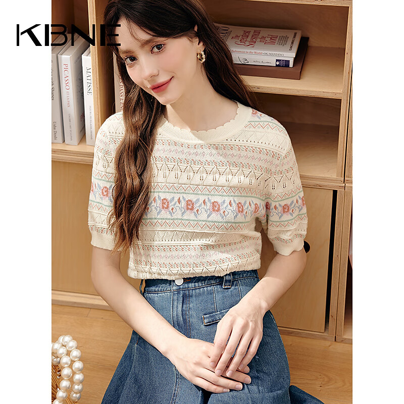 KBNE【100%棉】短袖T恤针织开衫女2025春夏装宽松舒适慵懒风通勤 米色花料 M