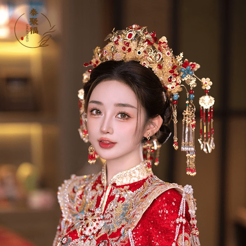 泰聚福新娘头饰新中式金红色凤冠结婚礼服秀禾龙凤褂宫廷娘娘发饰