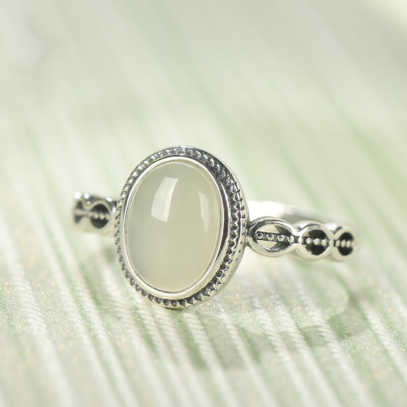 尊柜 天然和田玉圆形鹅蛋戒指925 小众设计指环妈妈女友礼物 和田玉