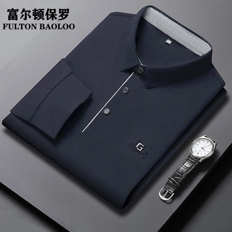 FULTON BAOLOO 富尔顿保罗长袖t恤男士2025春秋季翻领体恤无痕商务休闲宽松POLO衫打底衫潮 藏青 L (170) (建议120到140斤穿)
