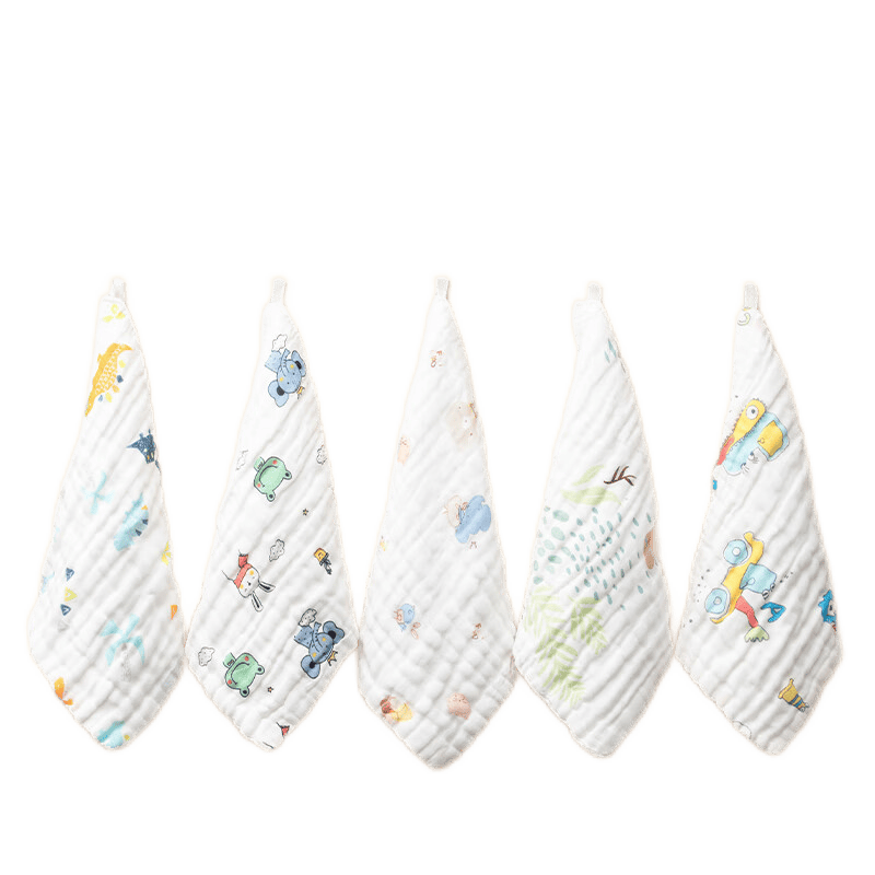 三利纯棉4层中空纱布儿童毛巾5条婴幼儿口水巾宝宝可挂洗脸擦手小毛巾