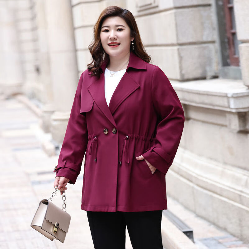 锦结思风衣外套女中长款加厚200斤早春装新款宽松加遮肚子 枣红色 xl
