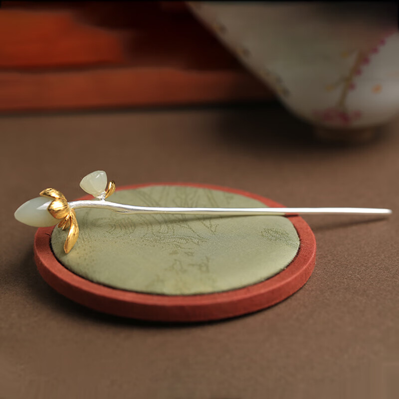 语森忆礼物感实用发簪十二金钗s925银步摇女夏莲蓬盘发古风玉钗 玉兰