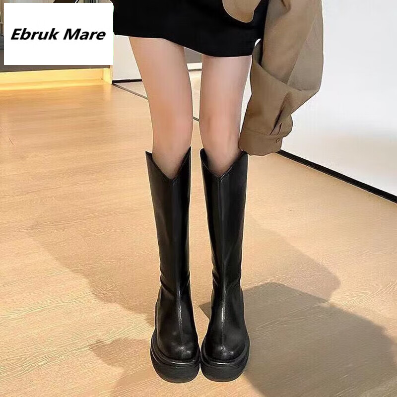 EBRUK MARE森马同品厚底长筒靴女2023秋冬季新款显瘦增高不过膝高筒靴烟筒靴 黑色 38