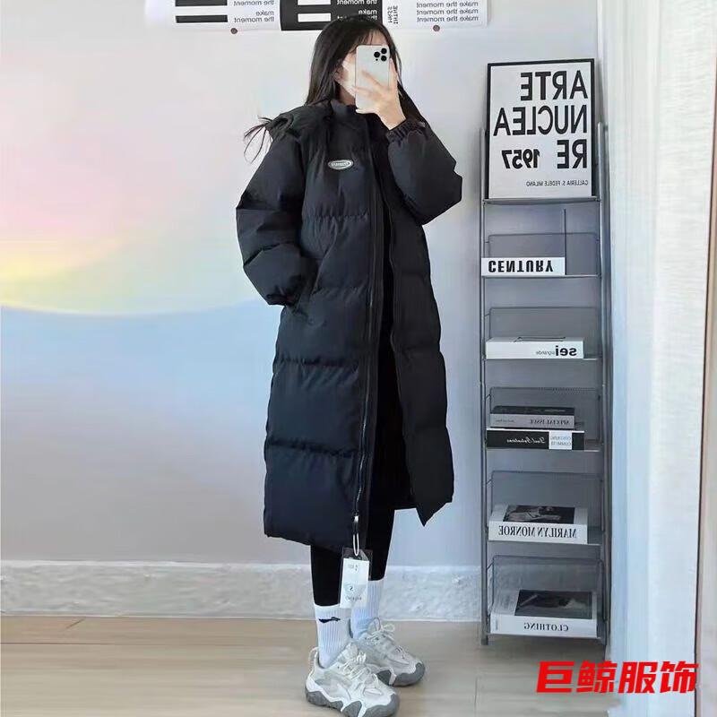 tromlfz中長款綿服女冬季新款oversize綿襖小個子加厚綿衣外套 黑色 S 105斤以下