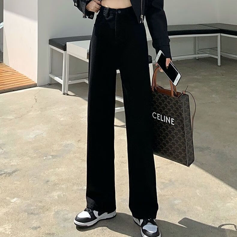 c酷酷的女孩中性风冲锋裤女黑色高腰阔腿牛仔裤潮流宽松显瘦梨型身