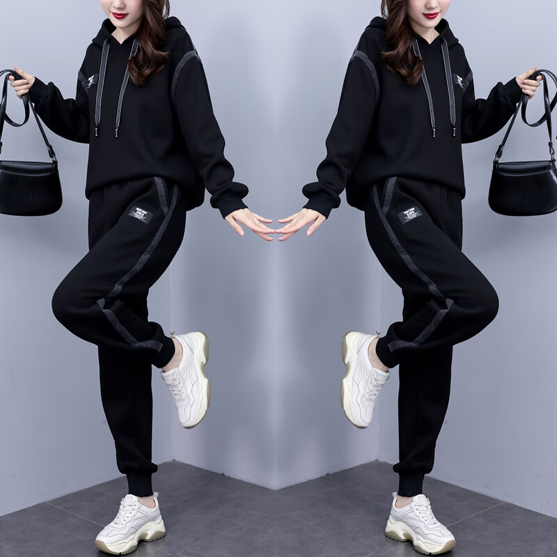 品汇菲（PINHUIFEI）大码女装牛仔套装秋冬卫衣加肥显瘦胖mm时尚高端大气休闲两件套  黑色 常规 4XL 建议175-200斤