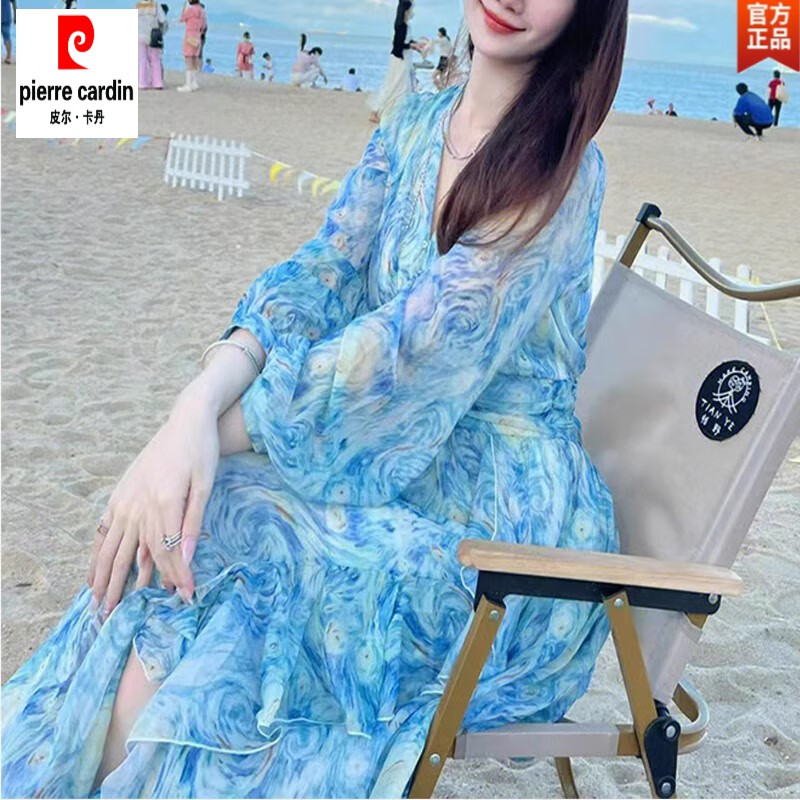 皮尔卡丹（pierre cardin）真丝桑蚕丝连衣裙女2024夏季新款超仙时尚修身显瘦沙滩度假大摆裙 图片色 M