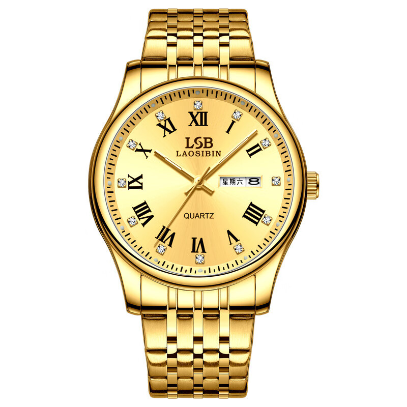 lsb laosibin手表男士夜光防水商务机械风双日历镶钻小金表瑞士进口