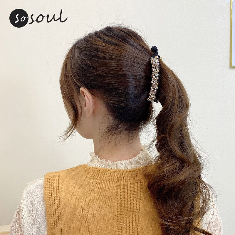 SO SOUL10CM中号发卡韩国香蕉夹竖夹马尾发夹简约防滑气质珍珠扭夹头饰品 香槟色